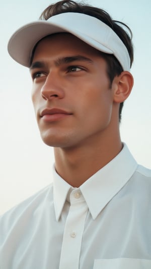 a photorealistic close-up shot of a young man's face is visible from a low angle. He is dressed in a white tennis button-down collared shirt, adorned with a white collar and a white visor cap. The shirt has a blue accent adding a pop of color to the scene. He is looking elsewhere, striking a pose like a supermodel. The backdrop is a stark white wall, creating a stark contrast to the man's head and neck. The detailed, realistic lighting accentuates his chiseled features, giving off hot vibes as he exudes confidence. The fashion image is reminisce of those magazine from the 1990s that photographed by Steven Miesel. Calvin Klein campaign ad.