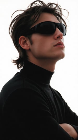 Captured in a low-angle shot, a photorealistic photograph of a young man adorned with a pair of black futuristic sunglasses, his black hair cascades over his shoulders, adding a pop of color to the otherwise monochromatic scene. He's wearing a black long-sleeved turtleneck shirt. His skin is very pale, blushed cheeks, and lean body. The backdrop is a stark white, creating a stark contrast to the man's attire. The fashion image is reminisce of those magazine from the 1990s that photographed by Steven Miesel. 