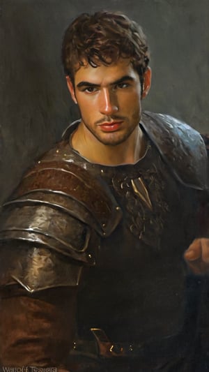 a burly young handsome hunter, blacksmith, dark age,(((marlon teixera))), short brown hair, outdoors (forest), ethereal, shiny, youthful, dirty, caucasian, facial hair, thick eyebrows, soft, mythology, medieval, fantasy, young, alpha male, hot, masculine, manly, dark fantasy, 80s fantasy, high fantasy, rag clothes, rust metal armor, defined jawline, crooked nose, hot, hairy, medieval armor, art by wlop, handsome male, facing in front, portrait close-up, renaissance painting, game of thrones, skyrim, elder scrolls, GQ,

8k, cinematic lighting, very dramatic, very artistic, soft aesthetic, innocent, art by john singer sargent, greg rutkowski, oil painting, Camera settings to capture such a vibrant and detailed image would likely include: Canon EOS 5D Mark IV, Lens: 85mm f/1.8, f/4.0, ISO 100, 1/500 sec,hdsrmr