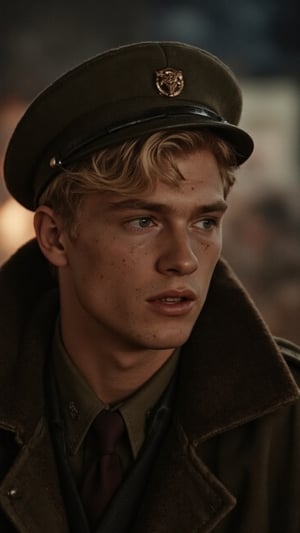 A cinematic film shot of a young man in a 1940s military-style uniform, set against a dark, in a scary battlefield. The man has blonde hair, blue eyes, skin and freckles. He is covered in dirt, grime, and sweat after all the horrors of war. The lighting should be dim and moody, with a soft, golden glow that highlights the subtle details of his dirty face and uniform. His expression is scared and horrified, with his gaze focused somewhere else, creating a serious and darkest mood find in a historic movies. The background should be out of focus, hinting at a no man's land warzone with smoke and fire in the background, adding depth to the setting while keeping attention on the character.