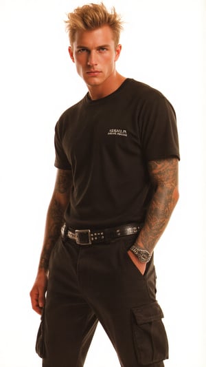 a photorealistic image of a thin rockstar man, posing confidently with tattoos and sporting a punk stylish getup: baggy cargo pants, a sports graphic tee, and a studded belt. His blonde hair shines like gold against the stark white background, bathed in the warm glow of a single flash. The detailed, realistic lighting accentuates his chiseled features, giving off hot vibes as he exudes confidence. The fashion image is reminisce of those magazine from the 1990s that photographed by Steven Miesel. Calvin Klein campaign ad.