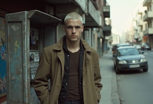 A cinematic film still of a young man with a shaved platinum blonde head, standing casually next to a dilapidated, graffiti-covered payphone booth on a gritty urban street. He wears a long, brown trench coat, reminiscent of classic noir films, creating an air of mystery and quiet intensity. The scene is shot in soft, moody lighting, with muted tones and a grainy, filmic quality that evokes a retro 90s aesthetic. In the background, cars are parked along the street, with worn storefronts visible, adding to the atmosphere of urban decay. The graffiti and old payphone enhance the sense of a dystopian, neglected cityscape, giving the shot a melancholic yet stylish, 2000s indie film feel. Hasselblad 503CW, pushed Tri-X film (ISO 1600), underexposed, high contrast development, with a 60mm wide-angle lens.