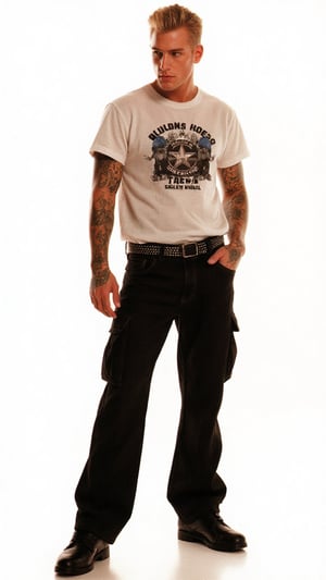 a photorealistic image of a thin rockstar man, posing confidently as a supermodel with tattoos and sporting a punk stylish getup: baggy cargo pants, a sports graphic tee, and a studded belt. His blonde hair shines like gold against the stark white background, bathed in the warm glow of a single flash. The detailed, realistic lighting accentuates his chiseled features, giving off hot vibes as he exudes confidence. The fashion image is reminisce of those magazine from the 1990s that photographed by Steven Miesel. Calvin Klein campaign ad.