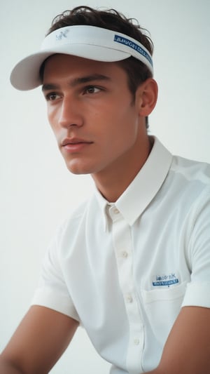 a photorealistic close-up shot of a young man's face is visible from a low angle. He is dressed in a white tennis button-down collared shirt, adorned with a white collar and a white visor cap. The shirt has a blue accent adding a pop of color to the scene. He is looking elsewhere, striking a pose like a supermodel. The backdrop is a stark white wall, creating a stark contrast to the man's head and neck. The detailed, realistic lighting accentuates his chiseled features, giving off hot vibes as he exudes confidence. The fashion image is reminisce of those magazine from the 1990s that photographed by Steven Miesel. Calvin Klein campaign ad.