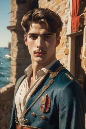 a hispanic young handsome prince wearing spanish royal outfit with red waist cloth belt, conquistador, regal style coat, (traditional spanish attire:0.4), royalty, nautical, ethereal, manly, hairy, chest hair, youthful, clean-shaved, 18 years old, envious, shiny, heroic, Brown hair, tanned skin, defined jawline, crooked nose, hot, sea captain, lustful, masculine, spanish, portuguese, mythology, medieval, fantasy, young, alpha male, handsome male, high fantasy, art by wlop, facing in front (portrait close-up), renaissance painting, chiaroscuro, masterpiece, realistic, photorealistic, 8k, cinematic lighting, very dramatic, very artistic, soft aesthetic, innocent, outdoors (spanish coast, spanish village, sea with ships), art by john singer sargent, greg rutkowski, oil painting,handsome Italian