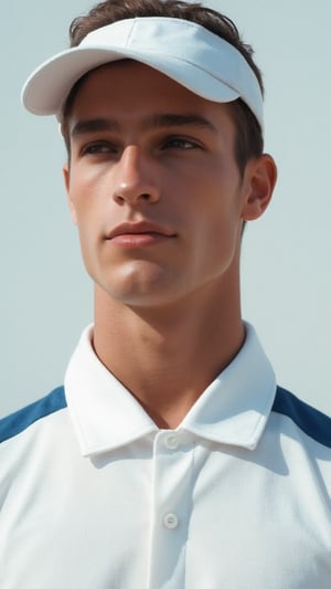 a photorealistic close-up shot of a young man's face is visible from a low angle. He is dressed in a white tennis button-down collared shirt, adorned with a white collar and a white visor cap. The shirt has a blue accent adding a pop of color to the scene. He is looking elsewhere, striking a pose like a supermodel. The backdrop is a stark white wall, creating a stark contrast to the man's head and neck. The detailed, realistic lighting accentuates his chiseled features, giving off hot vibes as he exudes confidence. The fashion image is reminisce of those magazine from the 1990s that photographed by Steven Miesel. Calvin Klein campaign ad.