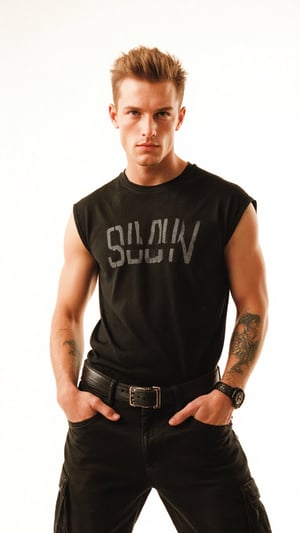 a photorealistic image of a thin rockstar man, posing confidently as a supermodel with tattoos and sporting a punk stylish getup: baggy cargo pants, a sports graphic tee, and a studded belt. His blonde hair shines like gold against the stark white background, bathed in the warm glow of a single flash. The detailed, realistic lighting accentuates his chiseled features, giving off hot vibes as he exudes confidence. The fashion image is reminisce of those magazine from the 1990s that photographed by Steven Miesel. Calvin Klein campaign ad.