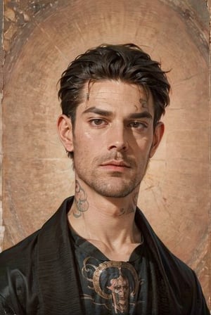 the evil dark wizard: an attractive pale hot man, thin, european, skinny, long wavy hair, black hair, villainous, wearing black silk robes, thick eyebrows, renaissance painting, handsome, hot, slender, sleazy, young, twink, tattooed (eurotrash), dark magic, dark fantasy, fantasy, high fantasy, realistic, cinematic lighting, 8k, in a dark castle, scary, bones, facing in front (portrait close-up), tattoos, thug,Kocic