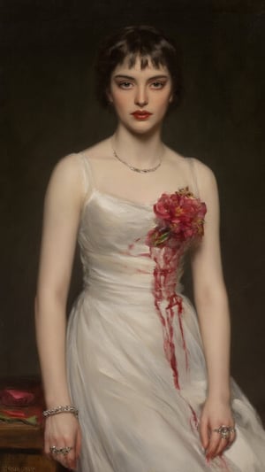 A painting depicting a modern punk goth vampire woman in a white silk sleeveless dress, adorned with a red flower and soaked with red liquid. The woman's hair is styled in a sleek bob with bangs, and she is wearing a silver necklace. Her plum lips are painted a deep red, her eyes are a piercing blue, and her skin is very pale and white. Looking like that she's the daugther of dracula. There's a red liquid dripping from her mouth. Her hands are adorned with silver rings, and bracelets, adding a touch of charm to her dress. The backdrop is a neutral dark color, adding some scary horror factor. The soft brushwork and dark color palette give it a classic, yet contemporary 2000s feel. Oil painting art by John Singer Sargent, Greg Rutkowski, Edmund Blair Leighton, or Wlop would bring this stunning image to life.,Bl00d 