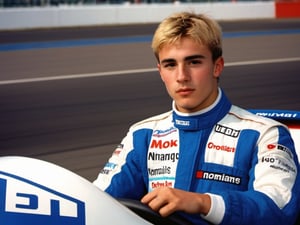 (20 years old man, f1 racer, wearing blue and white nomex suit, handsome, thick eyebrows, blonde, hairy, crooked nose, cute, freckles, 1990s, young, varsity, ted colunga, branded nomex suit, scruffy face, open-wheel single-seater formula racing cars, stadium, Charles Leclerc)

8k, cinematic lighting, very dramatic, very artistic, soft aesthetic, innocent, realistic, masterpiece, hdsrmr, cinema verite, film still, ((perfect anatomy): 1.5), best resolution, maximum quality, UHD, life with detail, analog, cinematic moviemaker style,Movie Still