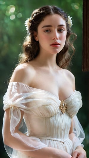 Ethereal Goddess of Beauty: long white wavy dress with nature and soft ornaments, fairly showing its beautiful skin. Pale skin, blushed cheeks, natural face, mythology, medieval, fantasy, young, pretty woman, high fantasy, art by wlop, facing in front (portrait close-up), renaissance painting, spectral woman with a (translucent appearance:1.3), Her form is barely tangible, with a soft glow emanating from her gentle contours, The surroundings subtly distort through her ethereal presence, casting a dreamlike ambiance

8k, cinematic lighting, very dramatic, very artistic, soft aesthetic, innocent, art by john singer sargent, greg rutkowski, oil painting, Camera settings to capture such a vibrant and detailed image would likely include: Canon EOS 5D Mark IV, Lens: 85mm f/1.8, f/4.0, ISO 100, 1/500 sec,hdsrmr,Movie Still,robert de niro,sad,perfect eyes