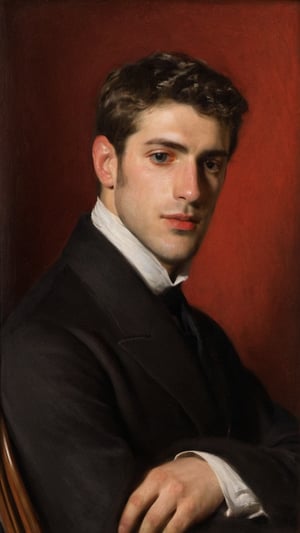 score_9, score_8_up, score_7_up, score_6_up, score_5_up, score_4_up, GQ, 8K image:

James Norton. an neoclassical painting portrait of a young Italian handsome man with a strong, confident demeanor. He has neatly styled dark hair that is slightly swept back, framing his angular face. His expression is serious yet approachable, with a hint of curiosity in his eyes. Regency era from the 19th Century. The image has harsh strokes on the old canvas imitating the paintings from that era.

He is dressed in a classic aristocrat formal outfit, featuring a tailored black coat that fits snugly across his shoulders and torso. Underneath, he wears a crisp white shirt with a high, structured collar that stands up prominently, giving the ensemble an air of sophistication. The collar is stark against the dark fabric of the coat and adds an element of elegance to his appearance.

The young man is positioned slightly to the side, with his head turned to face the viewer, showcasing a profile that highlights his sideburn, strong jawline and refined features. He rests one hand on the arm of a richly carved wooden chair, suggesting a relaxed confidence.

The background is a warm, muted red that contrasts with his dark clothing, drawing focus to his face and attire. The lighting is dark and harsh, subtly illuminating his features and casting harsh shadows that enhance the depth of the portrait.

Pay close attention to the details of his clothing, the expression in his eyes, and the overall classic elegance of the composition, capturing a moment of dignified presence and introspection.
Oil painting art by John Singer Sargent, Greg Rutkowski, or Wlop would bring this stunning image to life.