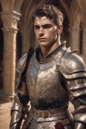 white knight: a handsome man in a High Gothic plate metal armor in a beautiful ornemental, ethereal, holy, shiny, youthful, pale skin, short black hair, thick eyebrows, soft, mythology, medieval, fantasy, young, alpha male, hot, masculine, manly, dark fantasy, 80s fantasy, high fantasy, white armor, defined jawline, crooked nose, hot, outdoors (in a grassland filled with roses and ruins), medieval armor, art by wlop, handsome male, facing in front (portrait close-up), renaissance painting, realistic, photorealistic, 8k, cinematic lighting, hades armor, very dramatic, European man, soft aesthetic, innocent