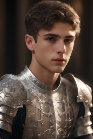 ((white knight)), a handsome man in a High Gothic silver metal plate armor in a beautiful ornemental, ((True Silver)), (((marlon teixera))), short black hair with bangs, outdoors (in a grassland filled with roses and ruins), ethereal, white aura, shiny, youthful, pale skin, thick eyebrows, soft, mythology, medieval, fantasy, young, alpha male, hot, masculine, manly, dark fantasy, 80s fantasy, high fantasy, white armor, defined jawline, crooked nose, hot, , medieval armor, art by wlop, handsome male, facing in front (portrait close-up), renaissance painting, realistic, photorealistic, 8k, white cinematic lighting, hades armor, very dramatic, European man, soft aesthetic, innocent, art by john singer sargent, greg rutkowski, handsome Italian,medieval armor,handsome italian boy