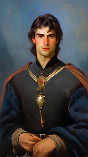 a young handsome prince wearing military royal outfit with armor, wearing a gold jeweled crown, ((sean o pry)), outdoors (dark age, war setting, kingdom village), medieval hero, blue regal style coat, (royal commander attire:0.4), royalty, victorian era, black hair, thick eyebrows, ethereal, manly, hairy, chest hair, youthful, stubble, 16 years old, envious, shiny, heroic, pale skin, defined jawline, crooked nose, hot, captain, lustful, masculine, mythology, medieval, fantasy, young, alpha male, handsome male, high fantasy, art by wlop, facing in front, portrait close-up, renaissance painting, masterpiece, caucasian, game of thrones,
8k, cinematic lighting, very dramatic, very artistic, soft aesthetic, innocent, art by john singer sargent, greg rutkowski, oil painting, Camera settings to capture such a vibrant and detailed image would likely include: Canon EOS 5D Mark IV, Lens: 85mm f/1.8, f/4.0, ISO 100, 1/500 sec