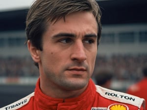 formula one race, 20 years old man, dilf, burly, stubble, outdoor, hairy, incel, mutton chops, handsome, short hair, sex offender, wolf eyes, thick eyebrows, Travis Bickle, Charles Leclerc, handsome, sideburns, 1970s (style), wearing red yellow F1 racing uniform, branded nomex suit, scruffy face, open-wheel single-seater formula racing cars, stadium

8k, cinematic lighting, very dramatic, very artistic, soft aesthetic, innocent, realistic, masterpiece, Camera settings to capture such a vibrant and detailed image would likely include Canon EOS 5D Mark IV, Lens 85mm f/1.8, f/4.0, ISO 100, 1/500 sec,hdsrmr, cinema verite, film still, ((perfect anatomy): 1.5), best resolution, maximum quality, UHD, life with detail, analog, cinematic moviemaker style, AnalogRedmAF,analog,AnalogRedmAF,robert de niro,Movie Still