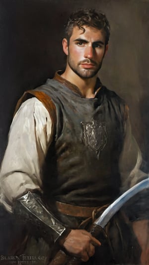 a burly young handsome hunter, blacksmith, farmer, dark age, (((marlon teixera))), peasant, short brown hair, outdoors (forest), ethereal, shiny, youthful, dirty, caucasian, battle axe, facial hair, face scars, thick eyebrows, soft, mythology, medieval, fantasy, young, alpha male, battle axe, hot, masculine, manly, dark fantasy, 80s fantasy, high fantasy, rag clothes, rust metal armor, defined jawline, crooked nose, hot, hairy, medieval armor, art by wlop, handsome male, facing in front, portrait close-up, renaissance painting, game of thrones, skyrim, elder scrolls, GQ, breton, Imperial

8k, cinematic lighting, very dramatic, very artistic, soft aesthetic, innocent, art by john singer sargent, greg rutkowski, oil painting, Camera settings to capture such a vibrant and detailed image would likely include: Canon EOS 5D Mark IV, Lens: 85mm f/1.8, f/4.0, ISO 100, 1/500 sec,hdsrmr