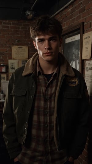 A gritty, 1970s New York-inspired scene capturing the iconic atmosphere of Martin Scorsese’s Taxi Driver. A young man stands in a dimly lit room with a pensive, brooding expression, exuding a rough and rebellious vibe. He wears a worn bomber jacket with a military patch over a faded plaid shirt, emphasizing his rugged, outsider appearance. Behind him, the setting is gritty and industrial, with a bulletin board filled with worn papers and yellowed, outdated notices on a brick wall. The lighting is moody and subdued, casting shadows that highlight the character’s troubled, isolated demeanor. The entire scene has a grainy, vintage texture, bringing out the bleak yet cinematic feel of 1970s New York, where themes of loneliness and inner conflict come to life.