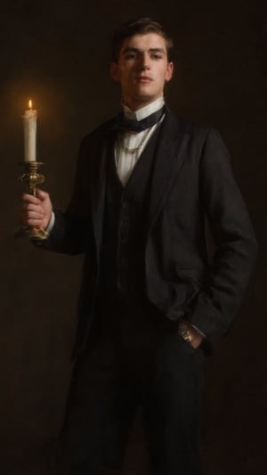 a neoclassical painting portrait of a young man in formal attire, captured in the dim light of a single candle. The style echoes the dramatic chiaroscuro technique, reminiscent of the Old Masters, with deep shadows framing the subject. The young man, standing in partial profile, holds an ornate brass candlestick in his right hand. His sharp, stoic gaze is fixed on the viewer, his expression both somber and contemplative. His attire is impeccably tailored: a dark suit with a high-collared white shirt, complemented by a vintage pocket watch chain and a black ribbon around his neck. The soft, flickering candlelight illuminates his face and hand, casting subtle shadows across his features and enhancing the rich textures of the fabric. The background is almost completely dark, ensuring that all focus remains on the subject and the warmth of the candle’s glow. The painting captures an air of mystery and elegance, blending classical techniques with modern sensibilities.. Oil painting art by John Singer Sargent, Greg Rutkowski, Edmund Blair Leighton, or Wlop would bring this stunning image to life. gq