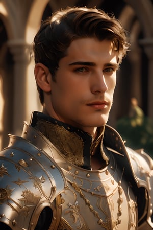 ((white knight)), a handsome man in a High Gothic silver metal plate armor in a beautiful ornemental, (((marlon teixera))), short black hair with bangs, outdoors (in a grassland filled with roses and ruins), ethereal, holy, shiny, youthful, pale skin, thick eyebrows, soft, mythology, medieval, fantasy, young, alpha male, hot, masculine, manly, dark fantasy, 80s fantasy, high fantasy, white armor, defined jawline, crooked nose, hot, , medieval armor, art by wlop, handsome male, facing in front (portrait close-up), renaissance painting, realistic, photorealistic, 8k, white cinematic lighting, hades armor, very dramatic, European man, soft aesthetic, innocent, art by john singer sargent, greg rutkowski, handsome Italian,medieval armor,