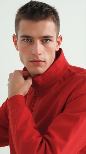 a photorealistic a pale young man, posing like a supermodel against a stark white backdrop. The man's head is angled slightly to the left, his eyes are a piercing blue, his eyebrows are bushy, and his hair is cut into a buzzcut. He is wearing a red tracksuit like a gabber from Eastern Europe. The detailed, realistic lighting accentuates his chiseled features, giving off hot vibes as he exudes confidence. The fashion image is reminisce of those magazine from the 1990s that photographed by Steven Miesel. Calvin Klein campaign ad.