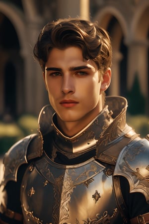 ((white knight)), a handsome man in a High Gothic silver metal plate armor in a beautiful ornemental, (((marlon teixera))), ethereal, holy, shiny, youthful, pale skin, short black hair with bangs, thick eyebrows, soft, mythology, medieval, fantasy, young, alpha male, hot, masculine, manly, dark fantasy, 80s fantasy, high fantasy, white armor, defined jawline, crooked nose, hot, outdoors (in a grassland filled with roses and ruins), medieval armor, art by wlop, handsome male, facing in front (portrait close-up), renaissance painting, realistic, photorealistic, 8k, cinematic lighting, hades armor, very dramatic, European man, soft aesthetic, innocent, art by john singer sargent, greg rutkowski, handsome Italian,medieval armor