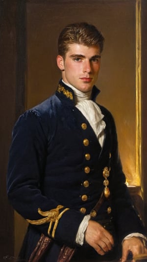 score_9, score_8_up, score_7_up, score_6_up, score_5_up, score_4_up, GQ, 8K image:

Max Verstappen, a majestic young prince from the Victorian Era, Rococo, and 1800s stands tall, his royal dark blue velvet regal style coat glistening in the soft light of an ethereal kingdom village. His handsome features are accentuated by cinematic lighting, with shadows defining his thick eyebrows, facial hair, and chest hair. His piercing gaze, framed by a defined jawline and crooked nose, radiates youthful energy, confidence, and lustful masculinity. At 16 years old, he exudes alpha male charm, as if ready to lead the Napoleonic War charge.

In this masterpiece of a portrait, he faces directly, his pale skin glowing with a subtle sheen. The camera captures every detail, from his shiny black hair to his royal commander attire, amidst an outdoor setting reminiscent of a Renaissance painting. The soft aesthetic and innocent charm evoke a sense of mythological fantasy, as if this young captain is destined for great deeds.

Art by John Singer Sargent, Greg Rutkowski, or Wlop would bring this stunning image to life, with camera settings mirroring those of a high-end oil painting: Canon EOS 5D Mark IV, Lens: 85mm f/1.8, f/4.0, ISO 100, and 1/500 sec.