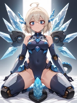 score_9, score_8_up, score_7_up,mecha musume,solo,(bags under eyes:1.2),(slit pupils:1.2),worried,Ice wings,Mechanical tail,amazon position,,her hair is long, straight, and platinum blonde with layers