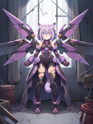 mecha musume,solo,(constricted pupils:1.2),(purple eyes:1.2),annoyed,metal wings,Paw tail,bound calves,A haunted, abandoned theater with torn curtains, broken seats, and the faint sound of an unseen audience,, score_9, score_8_up, score_7_up,