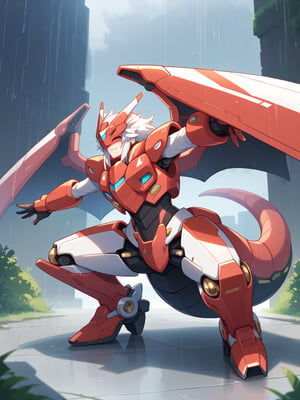 mecha,mecha musume,,EPdabbing,outstretched arm,covered face,closed eyes,standing on one leg,standing,squatting,split,Anime girl with griffin wings and dragon tail,The hurricane's strong winds and rain caused extensive damage.,score_9, score_8_up, score_7_up,