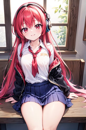 (masterpiece), best quality high resolution detailed background, cinematic light, 1girl(Ariesxgamer09) red hair, sidelocks, red eyes, long hair, with baggy clothes, school uniform, medium breasts, naughty faca, seductive smile, tilt head, good_shadows, with headphones,可愛るぃ