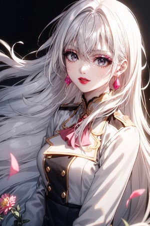 One girl, best smile, solo, very long hair, looking at the viewer, bangs, dark gray eyes, colorful hair, jewelry, upper body, flowers, earrings, parted lips, makeup, floating hair, Two-tone hair, lipstick, red lips, upper knee photo, white hair, pink inner hair, uniform
