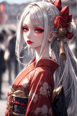 1girl, solo, long hair, looking at viewer, red eyes, closed mouth, upper body, white hair, japanese clothes, kimono, blurry, makeup, blurry background, lipstick, pale skin, portrait, eyeshadow, red lips, red kimono