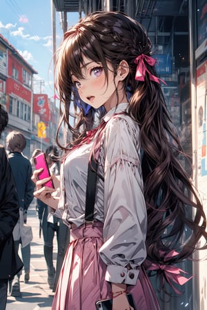 1girl, solo, long hair, looking at viewer, blush, open mouth, bangs, skirt, brown hair, shirt, long sleeves, ribbon, holding, hair between eyes, twintails, very long hair, standing, purple eyes, hair ribbon, white shirt, outdoors, sky, day, from side, tree, blue sky, black ribbon, phone, suspenders, cellphone, building, smartphone, pink skirt, holding phone, suspender skirt,midjourney