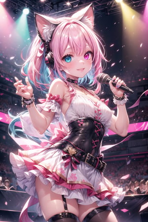 1 girl, solo, breasts, staring at viewer, blushing, best smile, random bangs, fine eyes, heterochromia iridum, knee socks, dress, mini skirt, ribbon, animal ears, bare shoulders, medium bust, arm straps, standing, pink hair, necklace, hair ribbon, thin thighs, wide stage, neon hair color, colorful hair, (microphone 🎙️, holding microphone in left hand) cowboy shot, belt, ((please make sure to change pose)), spread lips, revealing clothes, sleeveless, colorful knee socks, virtual youtuber, cat ears, headphones, hands up, choker, change hairstyle, underarms, nail polish, ((please alternate between idol alternative costume and y2k punk costume)), military dress, two-tone hair, zettai ryouiki, animal ear hair, wrist cuffs, short dress, extra ears, colored inner hair , center of live stage, performance, light spot, wide stage, broadcast camera, various angles shot by professional cameraman