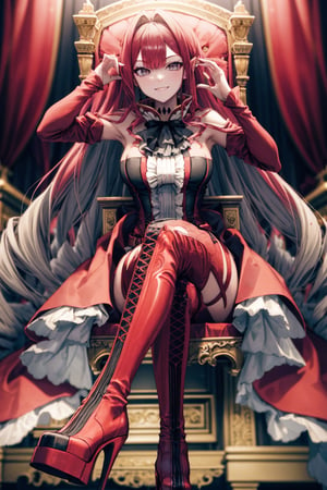 Masterpiece, Top Quality, High Quality, 1girl, Top Body, Cute Pose, Pink Hair, Gray Eyes, Long Hair, Diamond Choker, Black Ascot, Detached Color, Center Ruffle, Red Dress, Red Sleeveless, Red Belt, White Skirt, Red Thigh Boots, Red Thigh Strap, Sitting On Throne, Leggy, Luxurious Room, Arrogant Look, Confident, Smiling, :) red thigh boots, red thigh straps, sitting on throne, crossed legs, luxurious room, arrogant expression, confident, smiling, :)