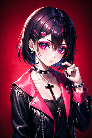 1girl, solo, looking at viewer, short hair, bangs, shirt, black hair, hair ornament, long sleeves, bow, hair between eyes, jewelry, closed mouth, purple eyes, jacket, upper body, pink hair, hair bow, heart, multicolored hair, earrings, choker, hairclip, hand up, medium hair, necklace, nail polish, collar, bracelet, two-tone hair, lips, streaked hair, black jacket, black shirt, makeup, chain, piercing, ring, cross, pink bow, ear piercing, black nails, spikes, cross necklace, multiple rings, gothic, chain necklace,Anime color, anime style, 1 girl,
solo,looking at viewer,short hair,bangs,shirt,blackhair,hairaccessory,long sleeves,ribbon,hair between eyes,jewelry,mouth closed,purple eyes,
customjacket,
upper body,
pink hair,
hair ribbon,
red hair,
colorful hair,
earrings,
choker,
hair clip,
medium hair,
necklace,
nail polish,
collar,
bracelet,
lips,
striped hair,
color jacket,
black shirt,
makeup,
chain,
black choker,
piercings,
ring,
cross,
pink ribbon,
ear piercings,
black nails,
spikes,
cross necklace,
spiked collar,
multiple rings,
gothic,
chain necklace,