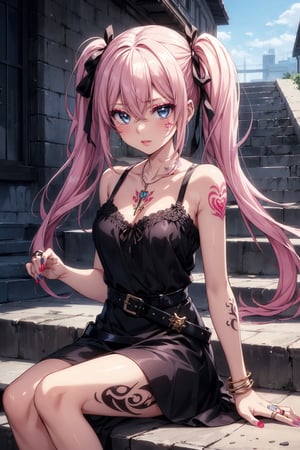 (((masterpiece, best quality, high resolution))), 16K, Blake. ((StyleofEpic Seven))), cruel, fallen angel, space demon, cruel, evil, eye detail 1.3, Blake, face detail, (change hair color and hairstyle), 1 girl, solo, long hair, breasts, staring at viewer, blush, bangs, blue eyes, cleavage, hair between eyes, pigtails, jewelry, medium bust, sitting, pink hair, white hair, multicolored hair, outdoors, lips parted, , daytime, belt, necklace, nail polish, black dress, lips, striped hair, , tattoo, makeup, low pigtails, short dress, ring, stairs, leg tattoo