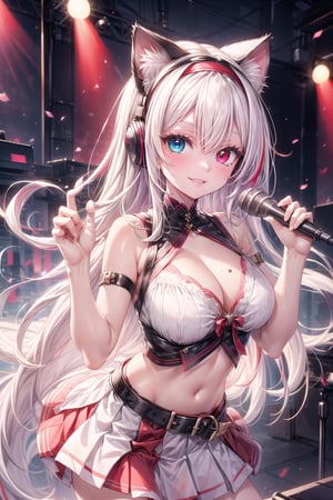 1girl, solo, long hair, breasts, looking at viewer, smile, blue eyes, skirt, large breasts, shirt, red eyes, navel, holding, animal ears, cleavage, bare shoulders, very long hair, standing, white hair, red hair, multicolored hair, cowboy shot, pleated skirt, hairband, parted lips, sleeveless, midriff, belt, virtual youtuber, cat ears, miniskirt, stomach, mole, streaked hair, crop top, animal ear fluff, hands up, bare arms, sleeveless shirt, red skirt, headphones, heterochromia, white skirt, revealing clothes, microphone, black belt, arm strap, holding microphone