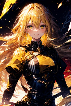 1girl, solo, long hair, looking at viewer, smile, bangs, blonde hair, hair between eyes, closed mouth, yellow eyes, striped