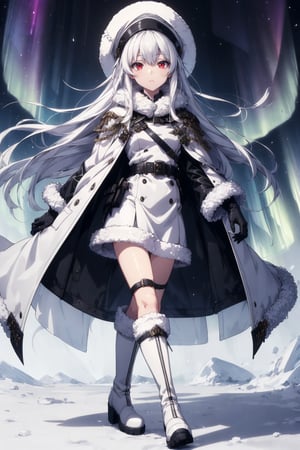 1girl, solo, long hair, looking at viewer, red eyes, gloves, hat, full body, white hair, boots, black gloves, coat, fur trim, night, white headwear, white footwear, knee boots, white coat, fur-trimmed coat, aurora