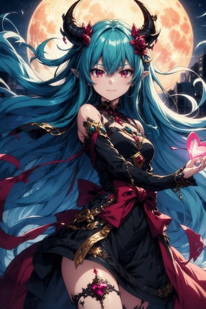 “A dynamic anime-style illustration of a fantasy female character with long, flowing turquoise hair and large red bows. She has dark horns on her head, pink eyes, and wears a revealing black and gold outfit with intricate details. The character is posed in mid-air, under a full moon, with a confident smile. The background features a night sky with city lights below, creating a mystical atmosphere.”

“A detailed anime character design of a mischievous demon girl with long green hair tied with red bows, and dark horns. She is wearing a black and white outfit with gold accents, adorned with heart-shaped jewelry. The scene is set under a bright full moon with the character floating above a cityscape, her expression playful and seductive.”

“An anime-style illustration featuring a fantasy demon girl with bright turquoise hair and dark horns. She is dressed in a gothic outfit with red and gold details, and she is carrying a large red chest. The background shows a night sky and a cityscape illuminated by the full moon. The character’s eyes are glowing pink, and she has a confident, teasing expression.”

“A fantasy-themed anime illustration of a cute demon girl with long, flowing green hair, tied with red ribbons and adorned with black horns. She is wearing a skimpy, intricate black and white outfit with golden details and heart-shaped accessories. The character is depicted flying over a city at night, under a glowing full moon, with a playful, slightly mischievous look on her face.”

“An anime character artwork of a seductive demon girl floating in the night sky. She has long teal hair, large red bows, and small black horns. She wears a revealing outfit with black, white, and gold elements, and is carrying a mysterious red box. The full moon shines brightly behind her, casting an ethereal glow over the city below. The character’s eyes are glowing pink, and she is giving a playful wink.”
