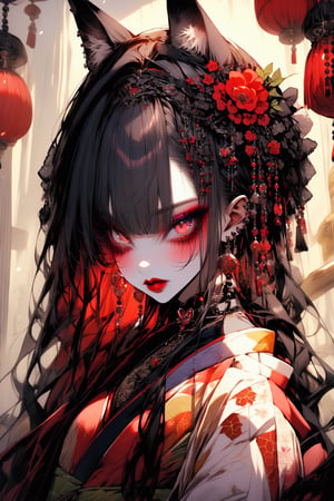 1girl, solo, long hair, looking at viewer, bangs, black hair, hair ornament, holding, jewelry, upper body, flower, earrings, japanese clothes, choker, hair flower, blunt bangs, kimono, nail polish, grey eyes, makeup, mask, red flower, tassel, red nails, red lips, black kimono, fox mask