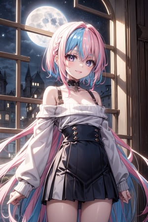 One girl, solo, looking at viewer, smiling, short hair, bangs, dark gray eyes, long sleeves, bare shoulders, blue hair, collarbones, pink hair, braids, gray hair, multicolored hair, pink lips, indoor, off-shoulder, ((two-tone hair)), sweater, ((striped hair with very long hair)), window, moonlight, stars in the night sky, gothic room, white sweater off-shoulder sweater, y2k pleats mini skirt