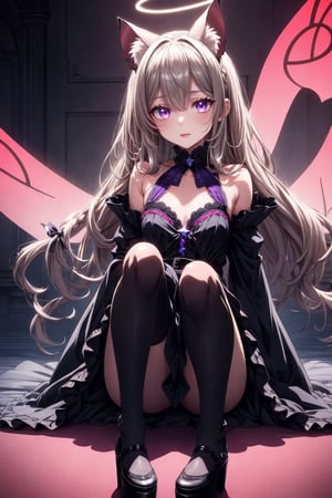 1 female, 180cm tall:1.3. (Character Design Sheet: Front view, from knees up). Long, dark blonde hair, slender figure, hip-length curled wavy hair, with a short tuft in the middle and two short braids on either side of her head. She has black serval ears with grey and purple on top of her head. Small face. (Heteroptera: one eye is grey, the other is violet), with ribbons on either side of her hair. Highly detailed face, beautifully detailed eyes, beautifully detailed lips. Adorable, highly detailed slender legs, (Best quality, 8k, 16k, high resolution), super detailed, exquisite and magnificent character art. Elegant one-piece long dress with black platform heels, frilled skirt and wide sleeves, gold gear design, dress has star and ribbon decoration. Black gloves. Grey belt at waist, large bright pink heart ribbon. Attached with a succubus tail with a glowing purple star at the end. (Hip is wide). Above her head is a glowing black halo with purple stars (her chest is medium size). Her thigh-high mechanical legs are black and glowing purple.