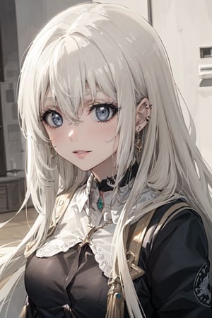 1girl, solo, long hair, looking at viewer, bangs, blonde hair, shirt, hair between eyes, jewelry, green eyes, upper body, earrings, parted lips, choker, black choker, piercing, ear piercing,nier anime style,Dark grey eyes