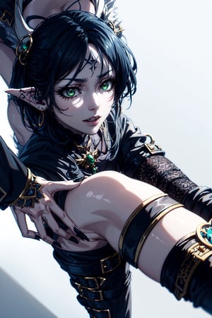 A woman in her 20s with fair skin, goblin-like ears, 19 piercings, a beautiful face, clean teeth, and sparkling fluorescent green eyes. She is characterized by her punk black hair and gothic style. She has tattoos. Perfect Shadow, Has Piercings, Pale, Many Piercings, Detailed Metal Jewelry, Black Fingernails, Side Locks, Gothic Style, Adults, Office Shirt, Facial Detail, Best Shadows, Cinematic Light, (Realistic) skin), ray tracing, Unreal Engine 5, reflective skin, digital illustration, supermodel, ((white background)), perfect hands, perfect arms, perfect fingers, Perfect Anatomy, Black Lace-Up Thigh-High Boots, Fantasy 00d,priestess