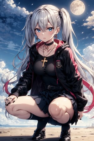 1girl, solo, breasts, looking at viewer, bangs, blue eyes, skirt, shirt, black hair, long sleeves, hair between eyes, twintails, jewelry, medium breasts, jacket, white hair, thighs, multicolored hair, pleated skirt, earrings, outdoors, frills, parted lips, open clothes, sky, choker, socks, belt, cloud, hood, miniskirt, black skirt, necklace, nail polish, two-tone hair, open jacket, streaked hair, black jacket, black shirt, piercing, moon, squatting, ring, cross, black socks, ear piercing, black nails