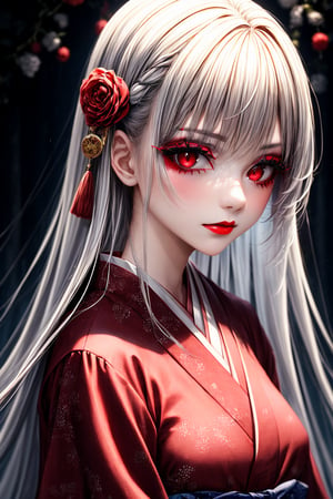 1girl, solo, long hair, looking at viewer, red eyes, closed mouth, upper body, white hair, japanese clothes, kimono, blurry, makeup, blurry background, lipstick, pale skin, portrait, eyeshadow, red lips, red kimono