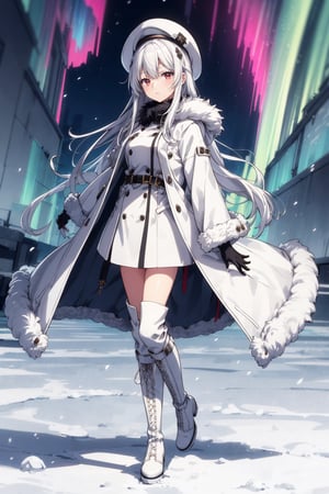 1girl, solo, long hair, looking at viewer, red eyes, gloves, hat, full body, white hair, boots, black gloves, coat, fur trim, night, white headwear, white footwear, knee boots, white coat, fur-trimmed coat, aurora